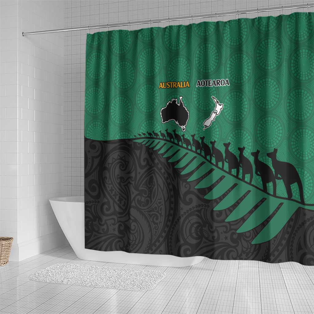Australia New Zealand Rugby Shower Curtain Green Aboriginal Wallabies and Maori Black Fern - Aussie Hoodie