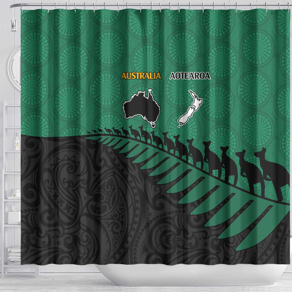 Australia New Zealand Rugby Shower Curtain Green Aboriginal Wallabies and Maori Black Fern - Aussie Hoodie