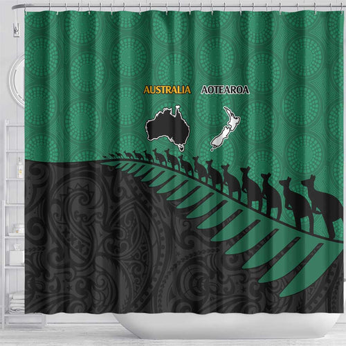 Australia New Zealand Rugby Shower Curtain Green Aboriginal Wallabies and Maori Black Fern - Aussie Hoodie