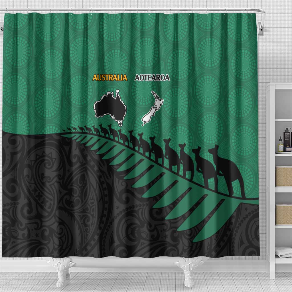 Australia New Zealand Rugby Shower Curtain Green Aboriginal Wallabies and Maori Black Fern - Aussie Hoodie