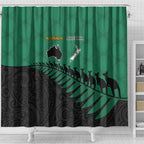 Australia New Zealand Rugby Shower Curtain Green Aboriginal Wallabies and Maori Black Fern - Aussie Hoodie