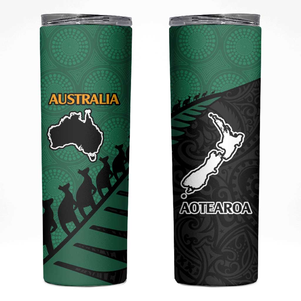 Australia New Zealand Rugby Skinny Tumbler Green Aboriginal Wallabies and Maori Black Fern - Aussie Hoodie