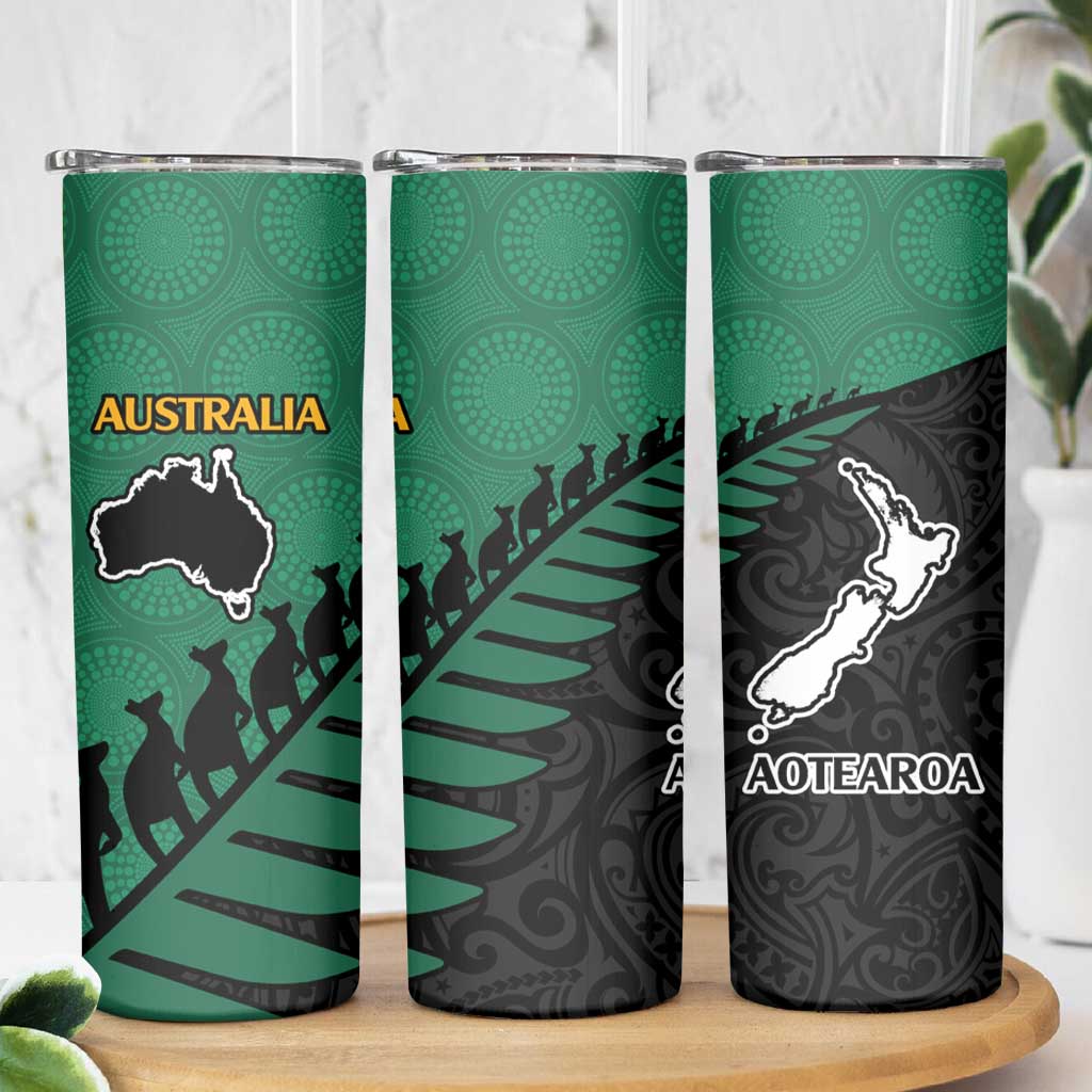 Australia New Zealand Rugby Skinny Tumbler Green Aboriginal Wallabies and Maori Black Fern - Aussie Hoodie