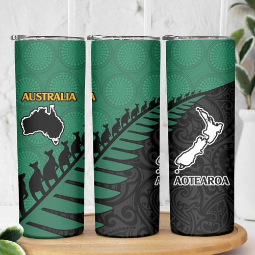 Australia New Zealand Rugby Skinny Tumbler Green Aboriginal Wallabies and Maori Black Fern - Aussie Hoodie