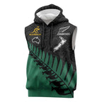 Australia New Zealand Rugby Sleeveless Hoodie Green Aboriginal Wallabies and Maori Black Fern - Aussie Hoodie