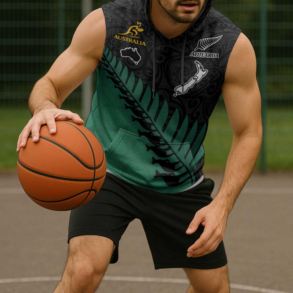 Australia New Zealand Rugby Sleeveless Hoodie Green Aboriginal Wallabies and Maori Black Fern - Aussie Hoodie