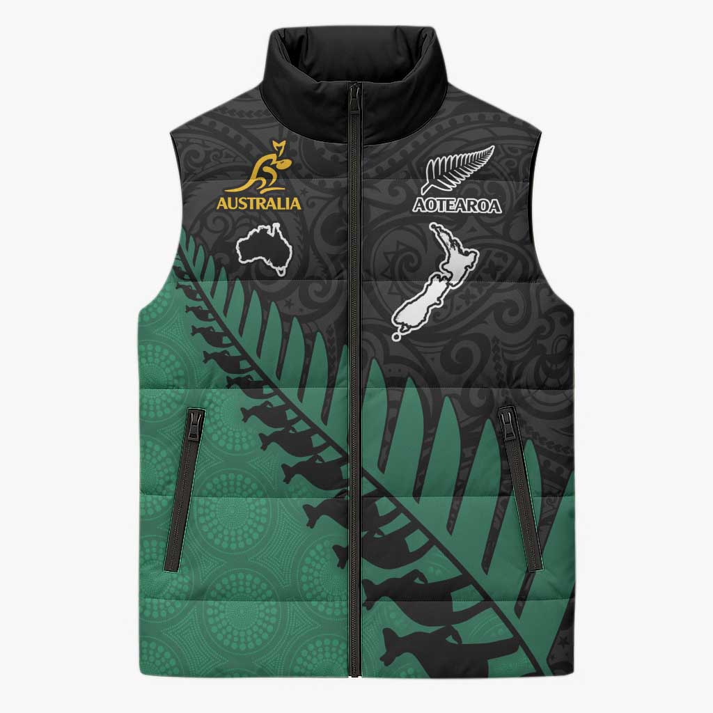 Australia New Zealand Rugby Sleeveless Puffer Jacket Green Aboriginal Wallabies and Maori Black Fern - Aussie Hoodie