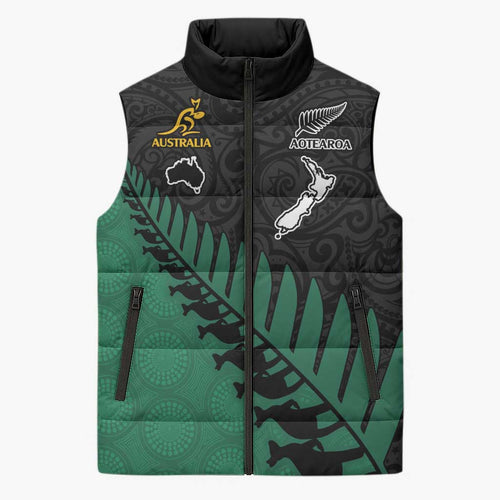 Australia New Zealand Rugby Sleeveless Puffer Jacket Green Aboriginal Wallabies and Maori Black Fern - Aussie Hoodie