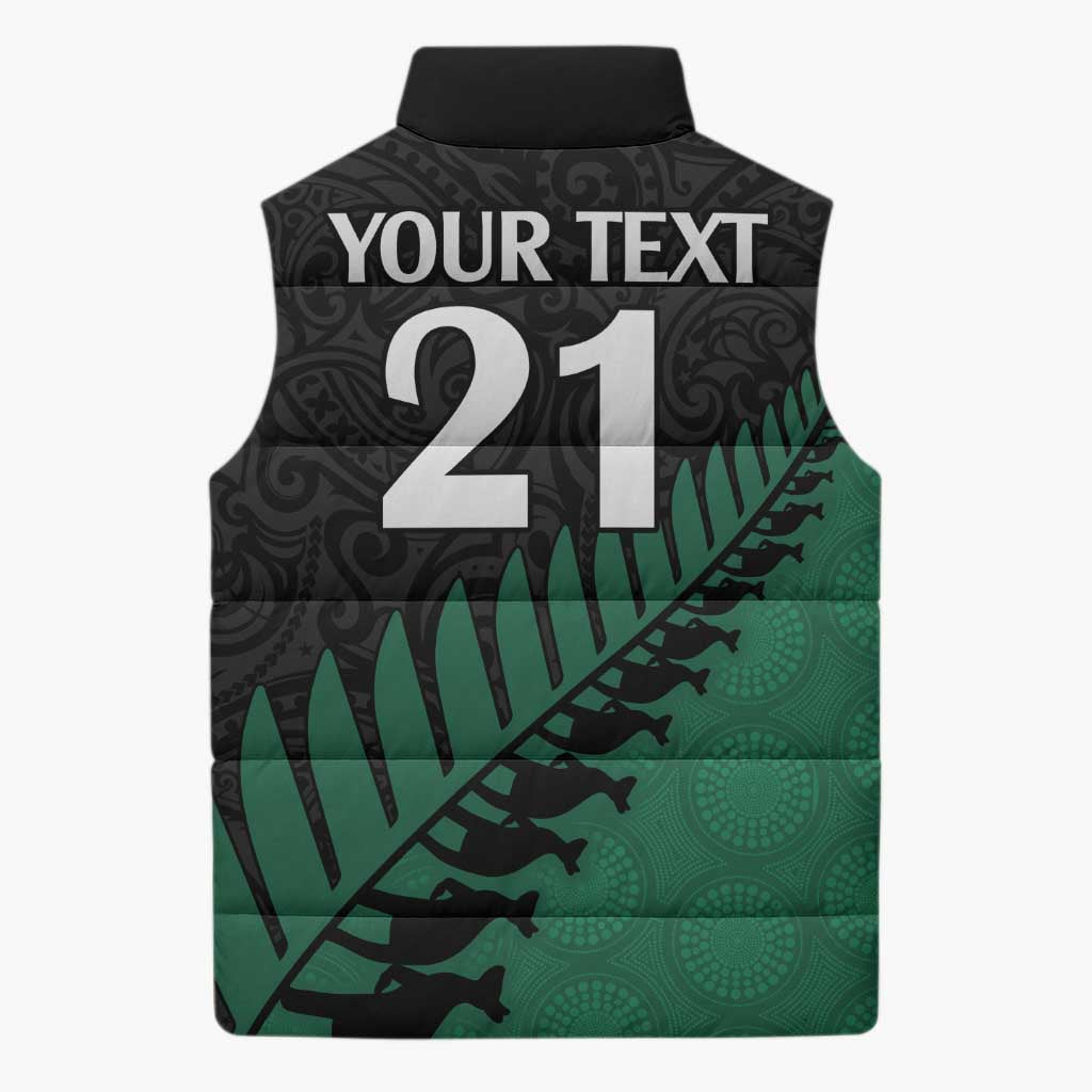 Australia New Zealand Rugby Sleeveless Puffer Jacket Green Aboriginal Wallabies and Maori Black Fern - Aussie Hoodie