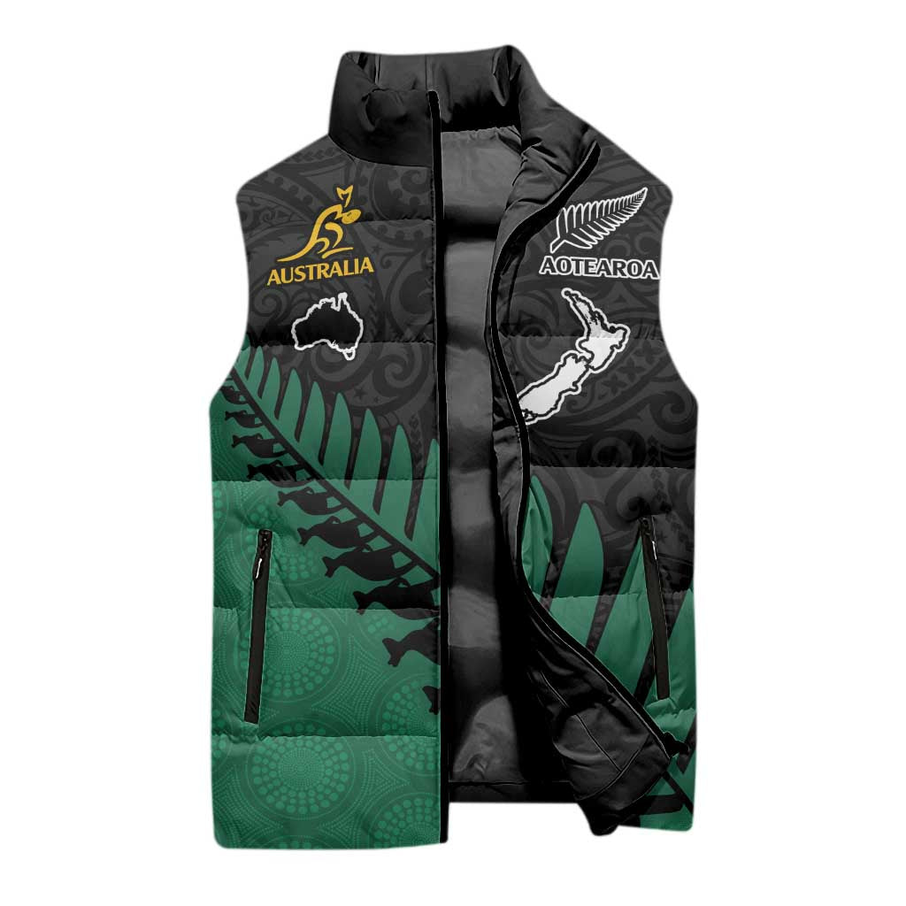 Australia New Zealand Rugby Sleeveless Puffer Jacket Green Aboriginal Wallabies and Maori Black Fern - Aussie Hoodie