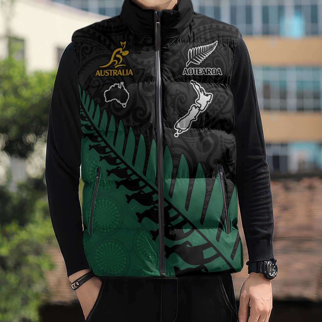 Australia New Zealand Rugby Sleeveless Puffer Jacket Green Aboriginal Wallabies and Maori Black Fern - Aussie Hoodie