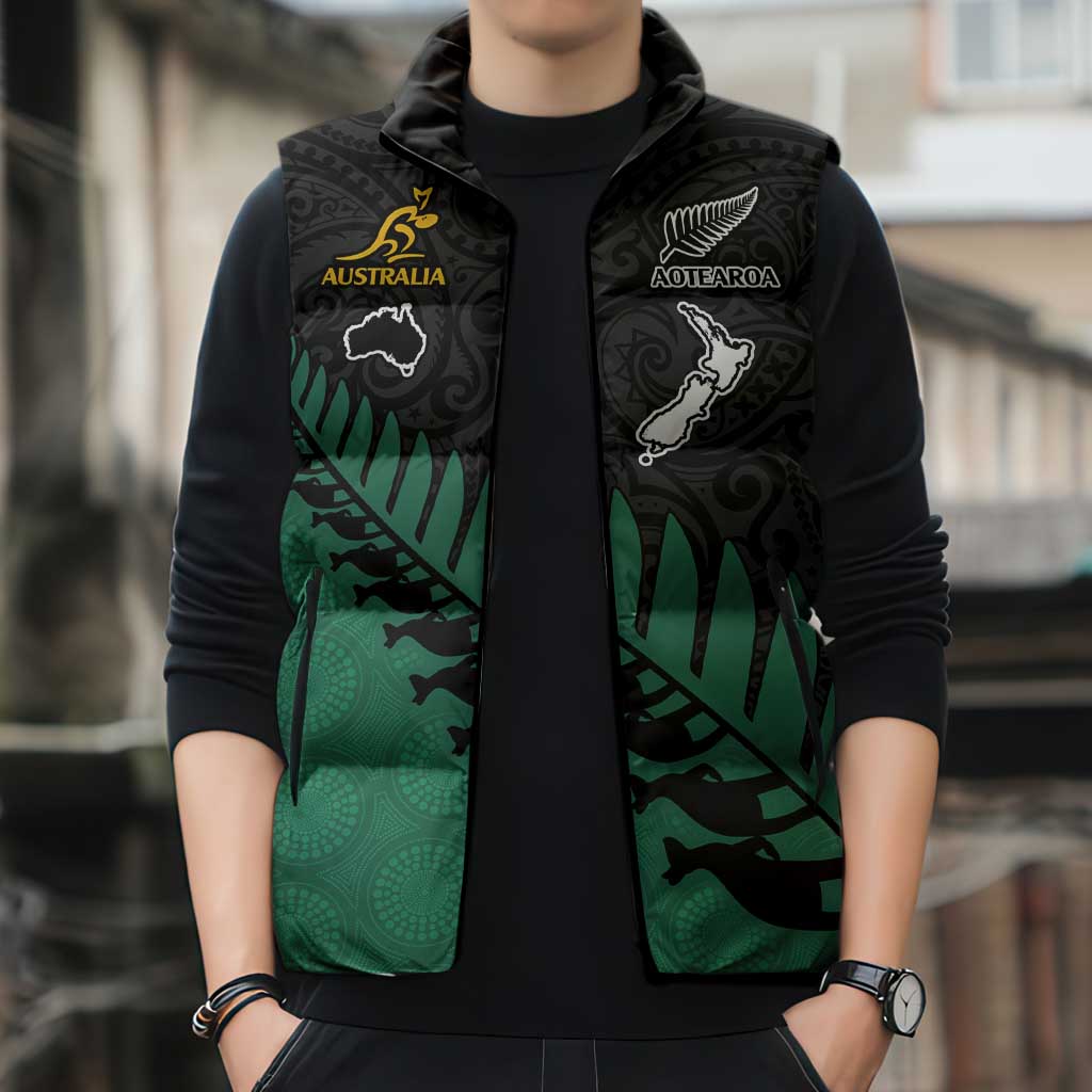 Australia New Zealand Rugby Sleeveless Puffer Jacket Green Aboriginal Wallabies and Maori Black Fern - Aussie Hoodie