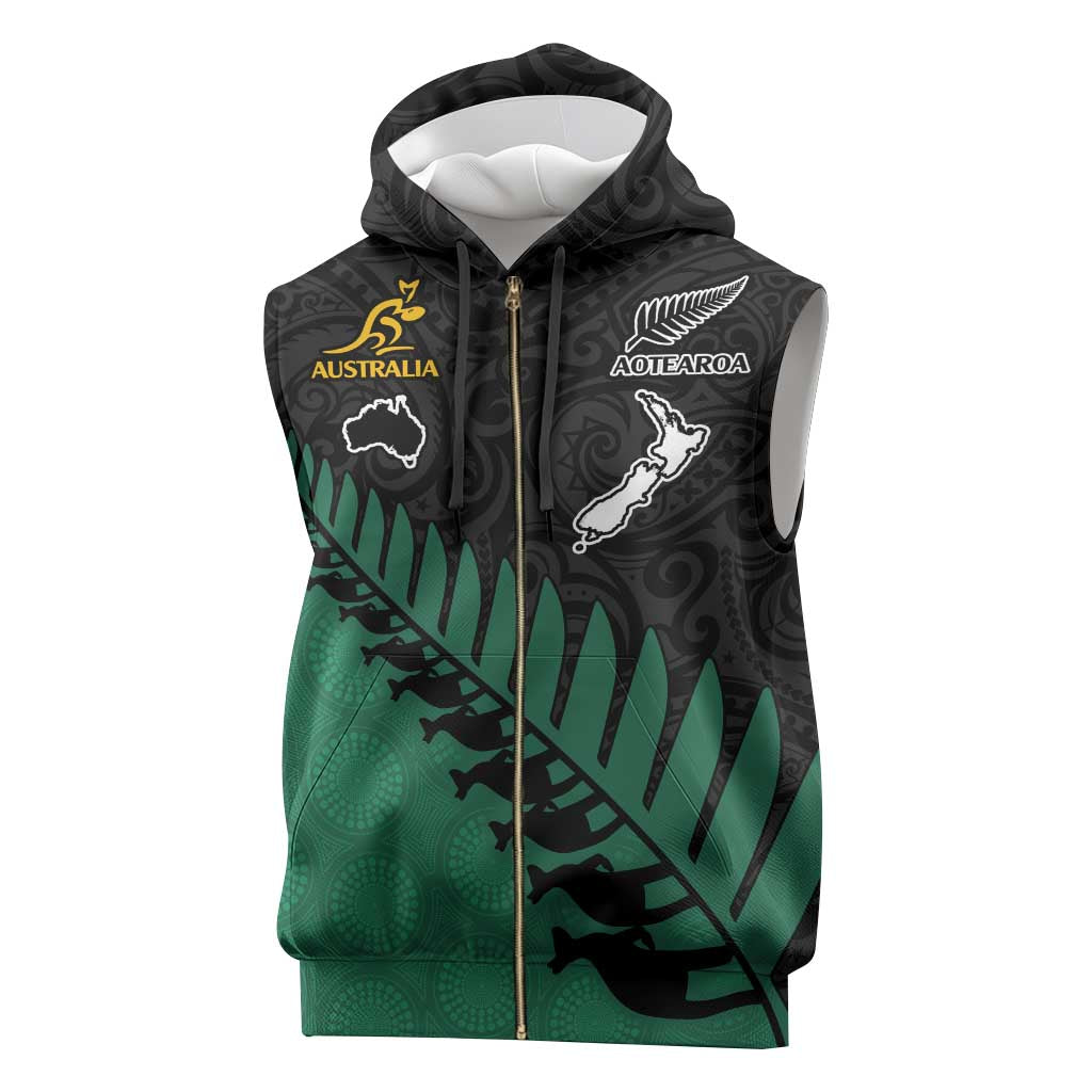 Australia New Zealand Rugby Sleeveless Zip Hoodie Green Aboriginal Wallabies and Maori Black Fern - Aussie Hoodie