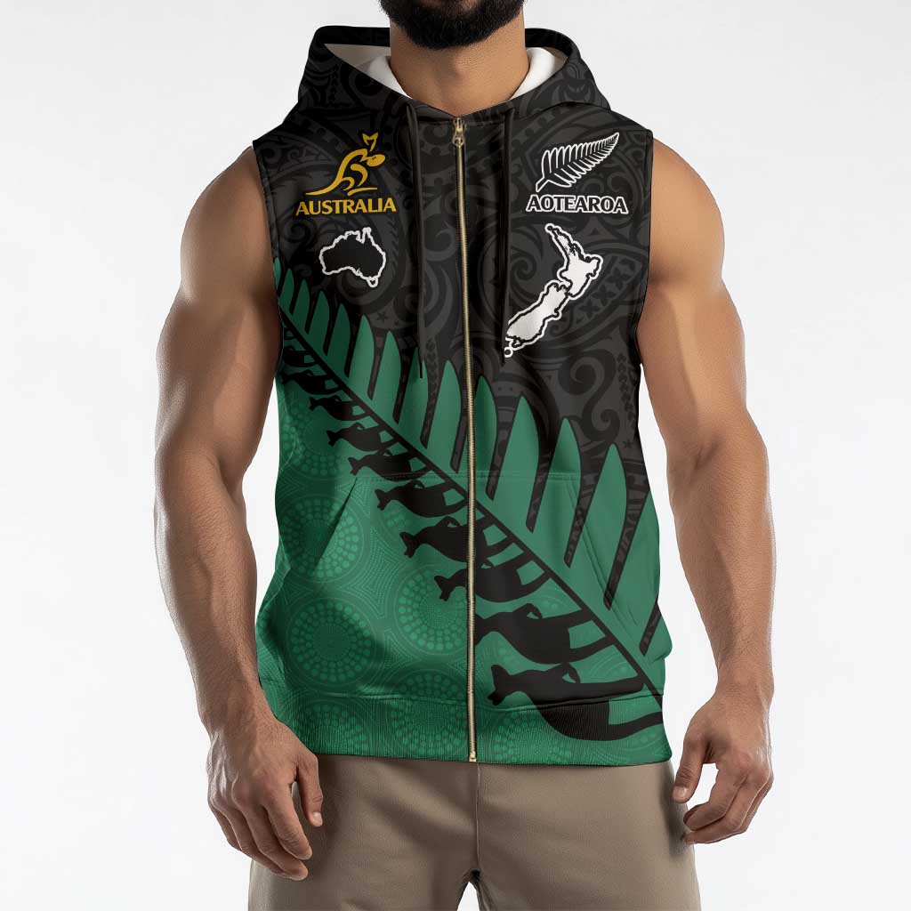 Australia New Zealand Rugby Sleeveless Zip Hoodie Green Aboriginal Wallabies and Maori Black Fern - Aussie Hoodie