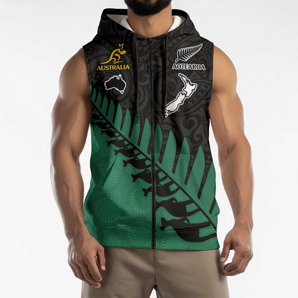 Australia New Zealand Rugby Sleeveless Zip Hoodie Green Aboriginal Wallabies and Maori Black Fern LT9