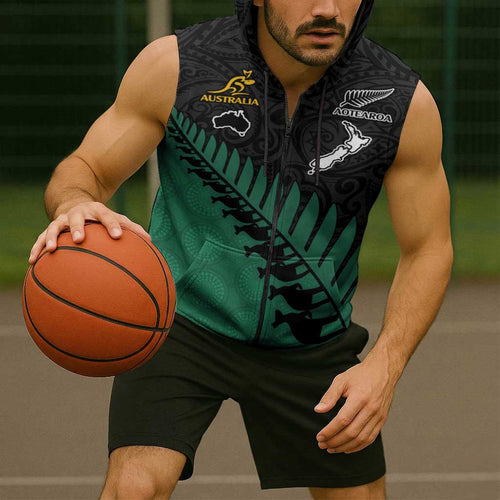 Australia New Zealand Rugby Sleeveless Zip Hoodie Green Aboriginal Wallabies and Maori Black Fern LT9