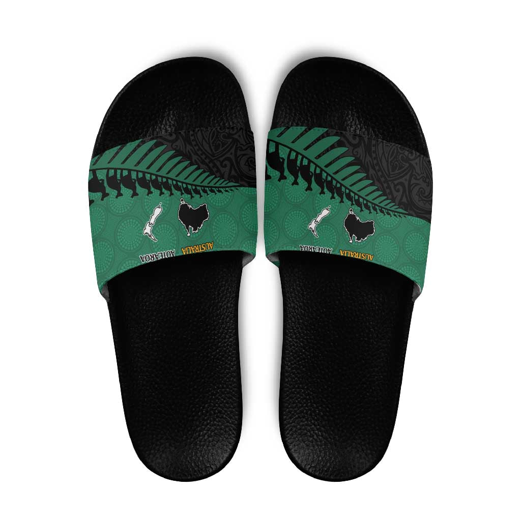 Australia New Zealand Rugby Slide Sandals Green Aboriginal Wallabies and Maori Black Fern - Aussie Hoodie