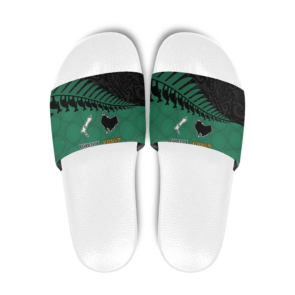 Australia New Zealand Rugby Slide Sandals Green Aboriginal Wallabies and Maori Black Fern - Aussie Hoodie