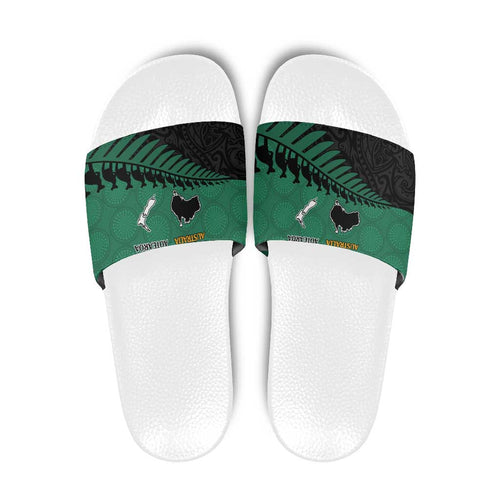 Australia New Zealand Rugby Slide Sandals Green Aboriginal Wallabies and Maori Black Fern - Aussie Hoodie