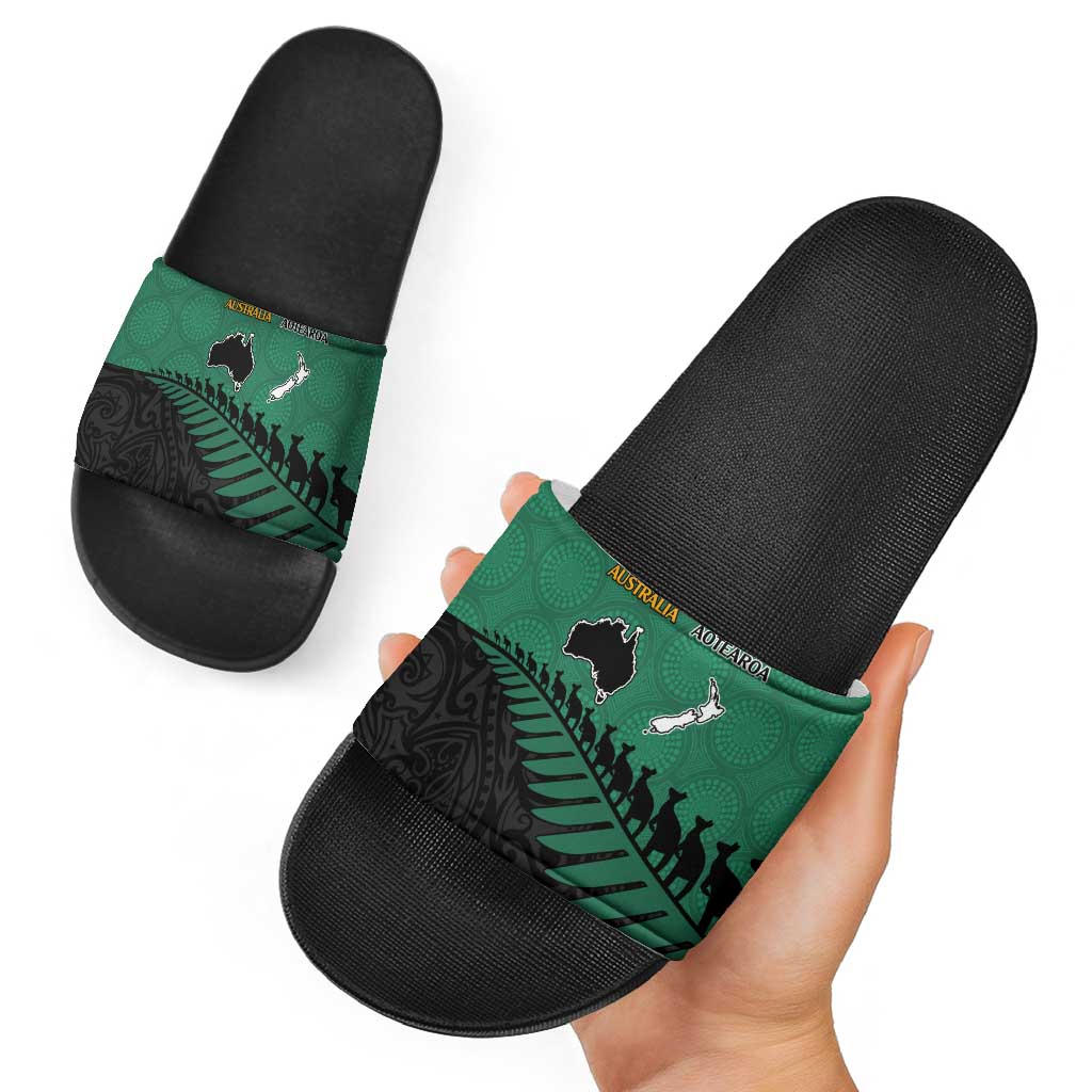 Australia New Zealand Rugby Slide Sandals Green Aboriginal Wallabies and Maori Black Fern - Aussie Hoodie
