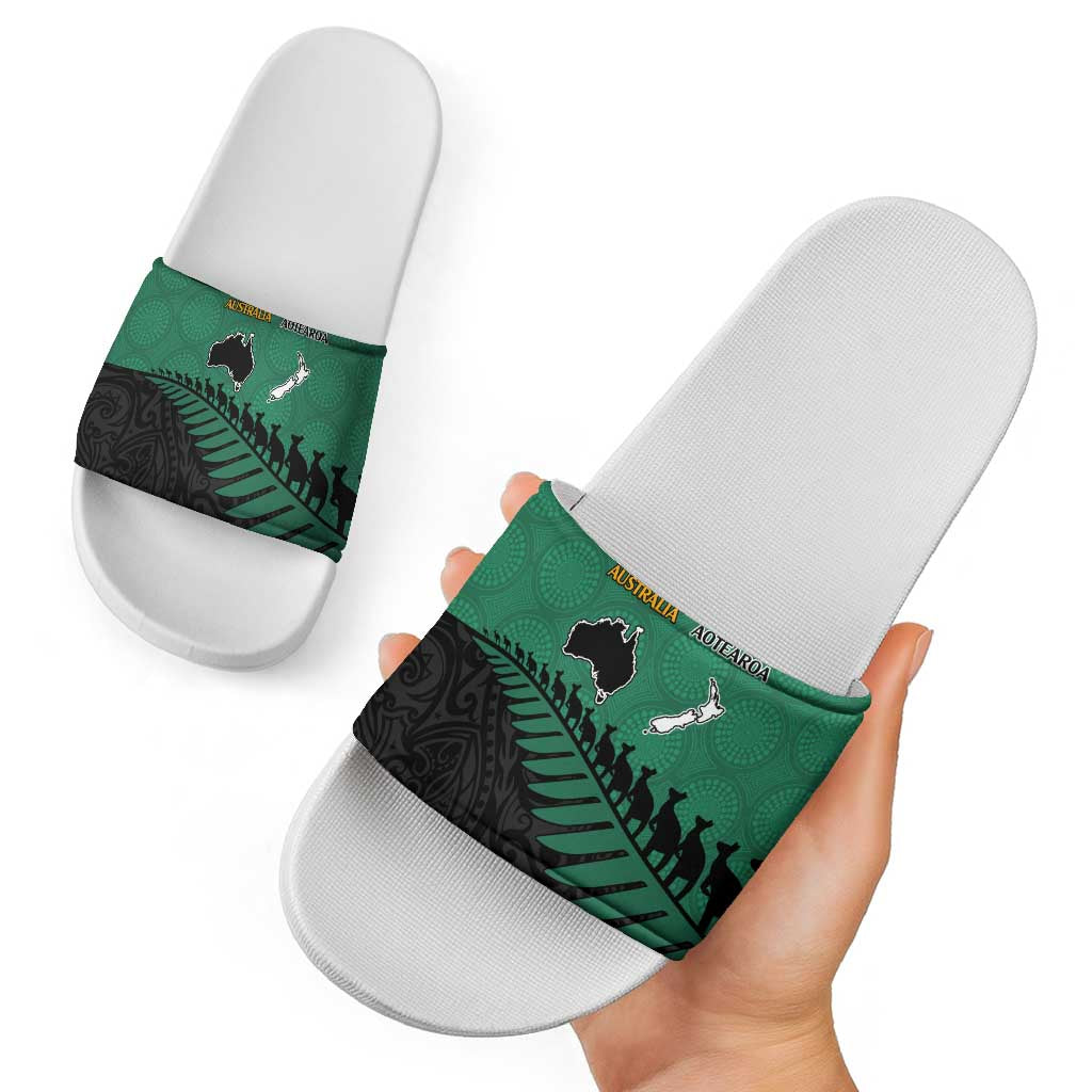 Australia New Zealand Rugby Slide Sandals Green Aboriginal Wallabies and Maori Black Fern - Aussie Hoodie