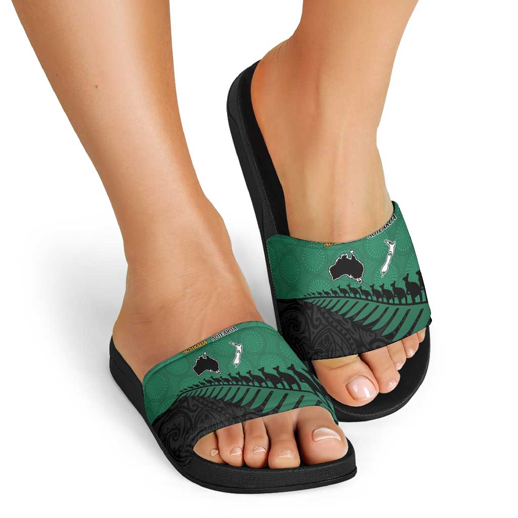 Australia New Zealand Rugby Slide Sandals Green Aboriginal Wallabies and Maori Black Fern - Aussie Hoodie