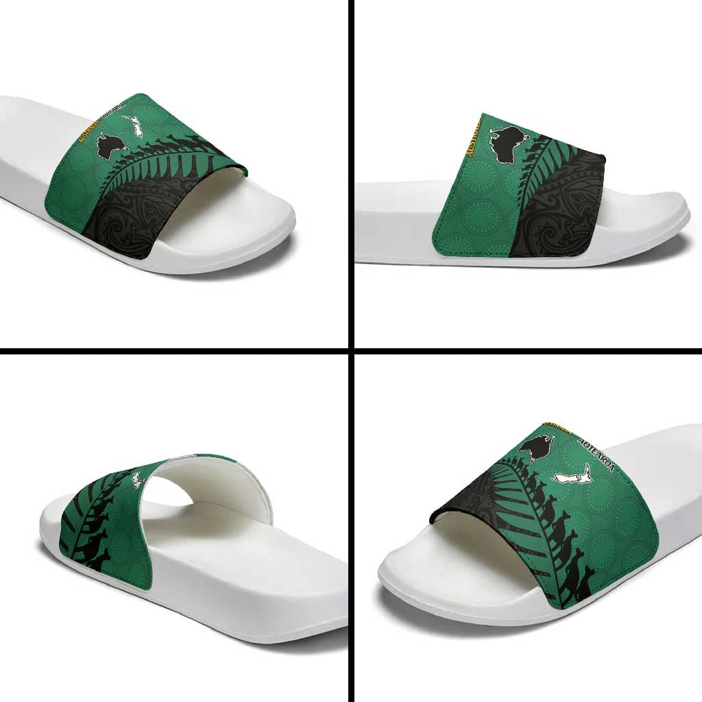 Australia New Zealand Rugby Slide Sandals Green Aboriginal Wallabies and Maori Black Fern - Aussie Hoodie