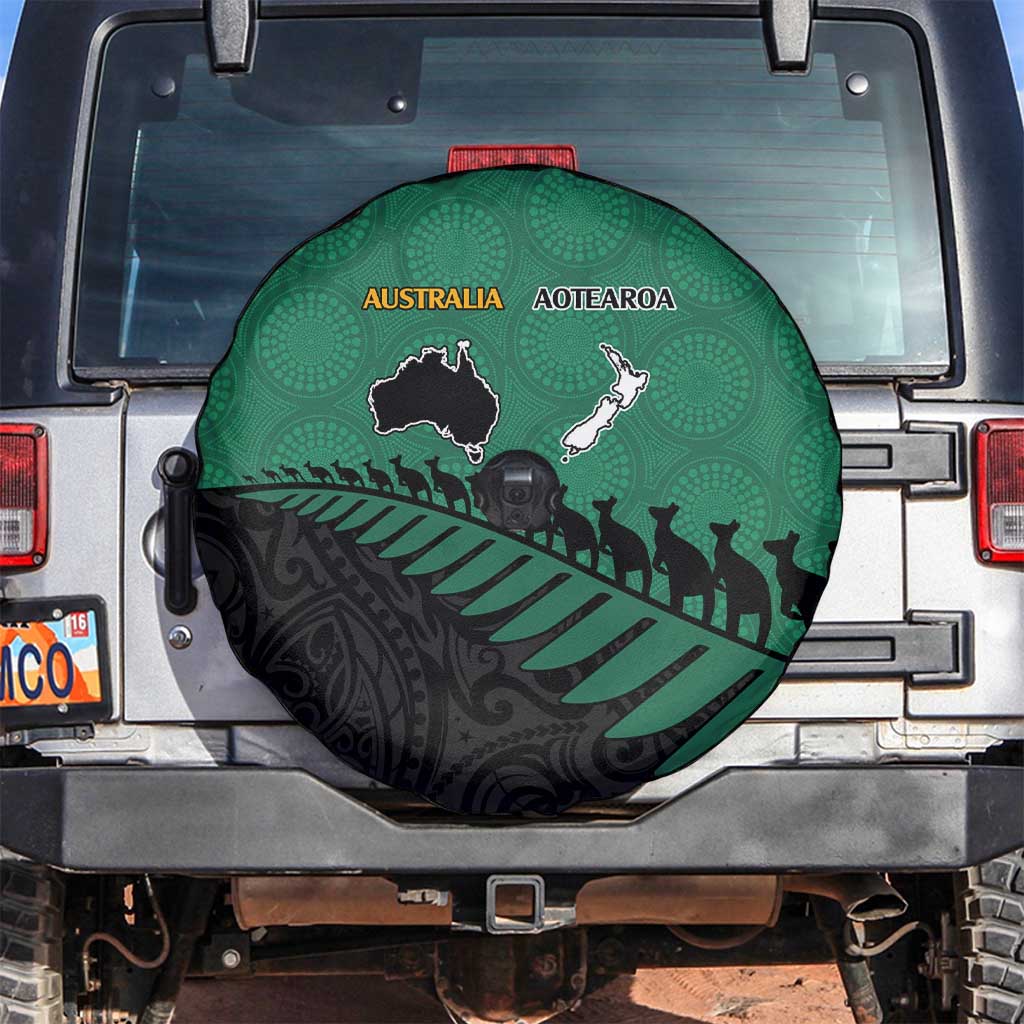 Australia New Zealand Rugby Spare Tire Cover Green Aboriginal Wallabies and Maori Black Fern - Aussie Hoodie