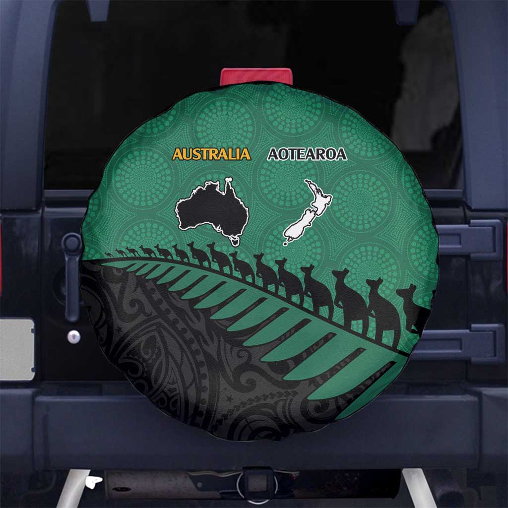 Australia New Zealand Rugby Spare Tire Cover Green Aboriginal Wallabies and Maori Black Fern - Aussie Hoodie