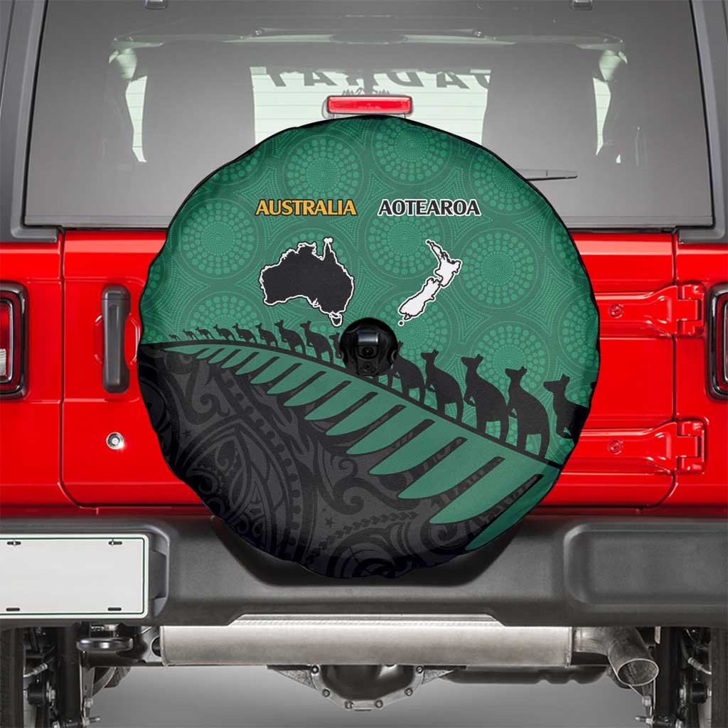 Australia New Zealand Rugby Spare Tire Cover Green Aboriginal Wallabies and Maori Black Fern - Aussie Hoodie