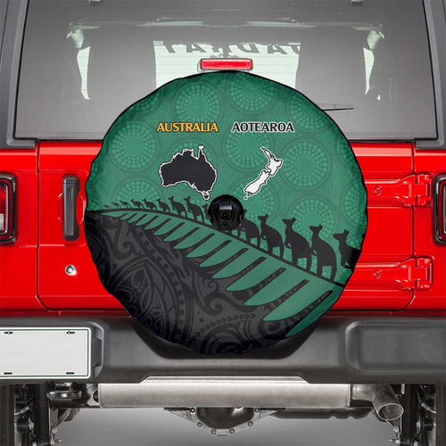 Australia New Zealand Rugby Spare Tire Cover Green Aboriginal Wallabies and Maori Black Fern - Aussie Hoodie