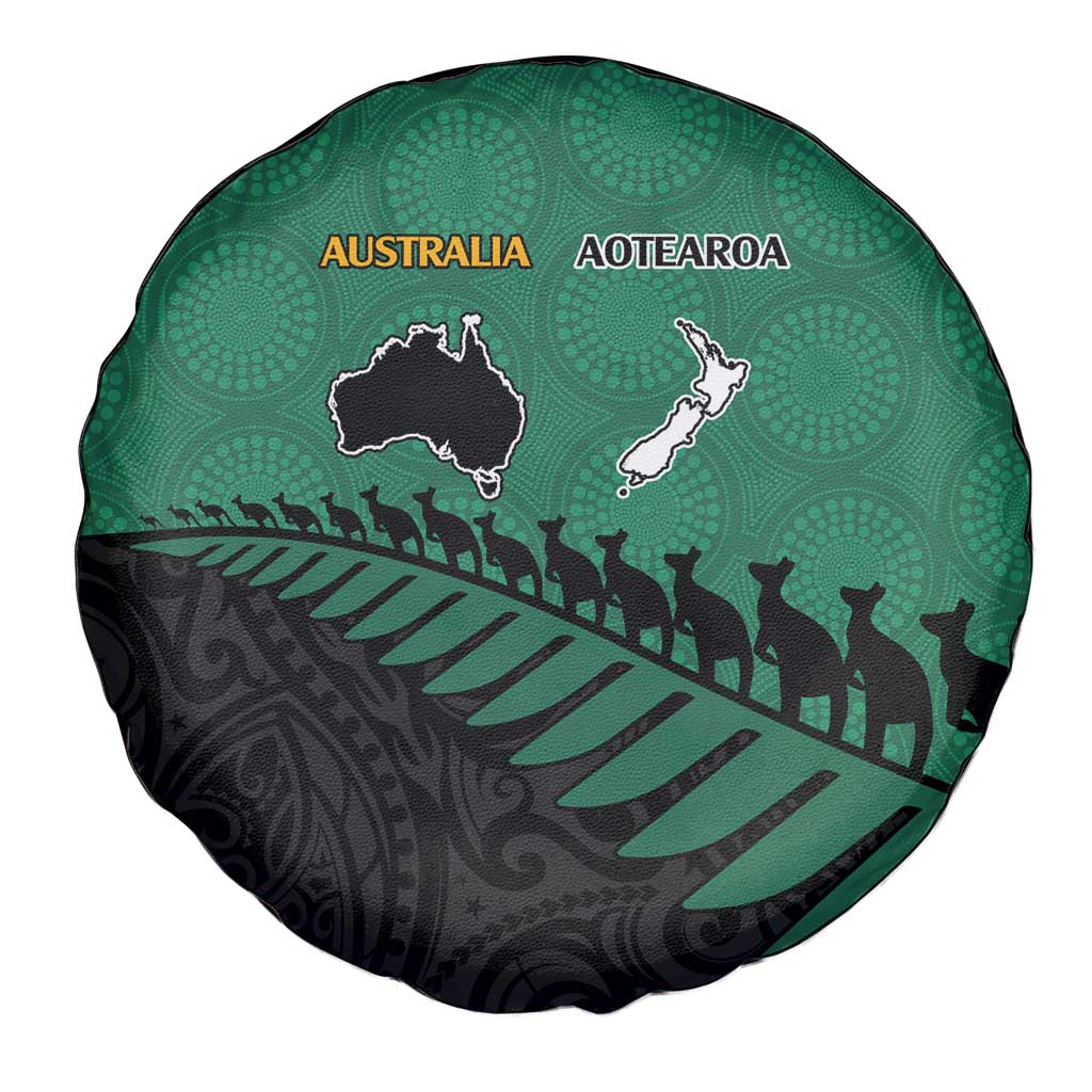 Australia New Zealand Rugby Spare Tire Cover Green Aboriginal Wallabies and Maori Black Fern - Aussie Hoodie