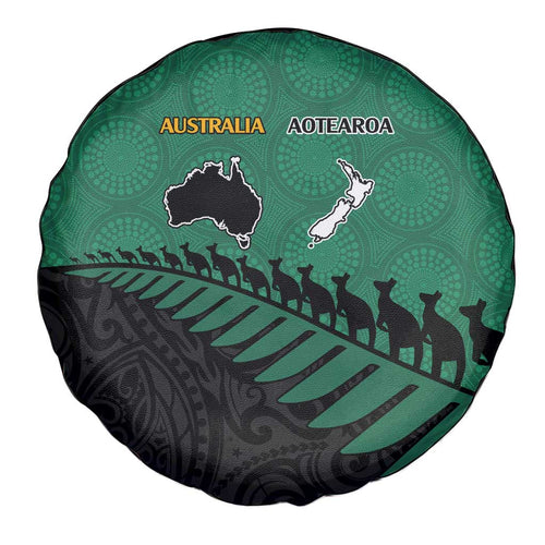 Australia New Zealand Rugby Spare Tire Cover Green Aboriginal Wallabies and Maori Black Fern - Aussie Hoodie