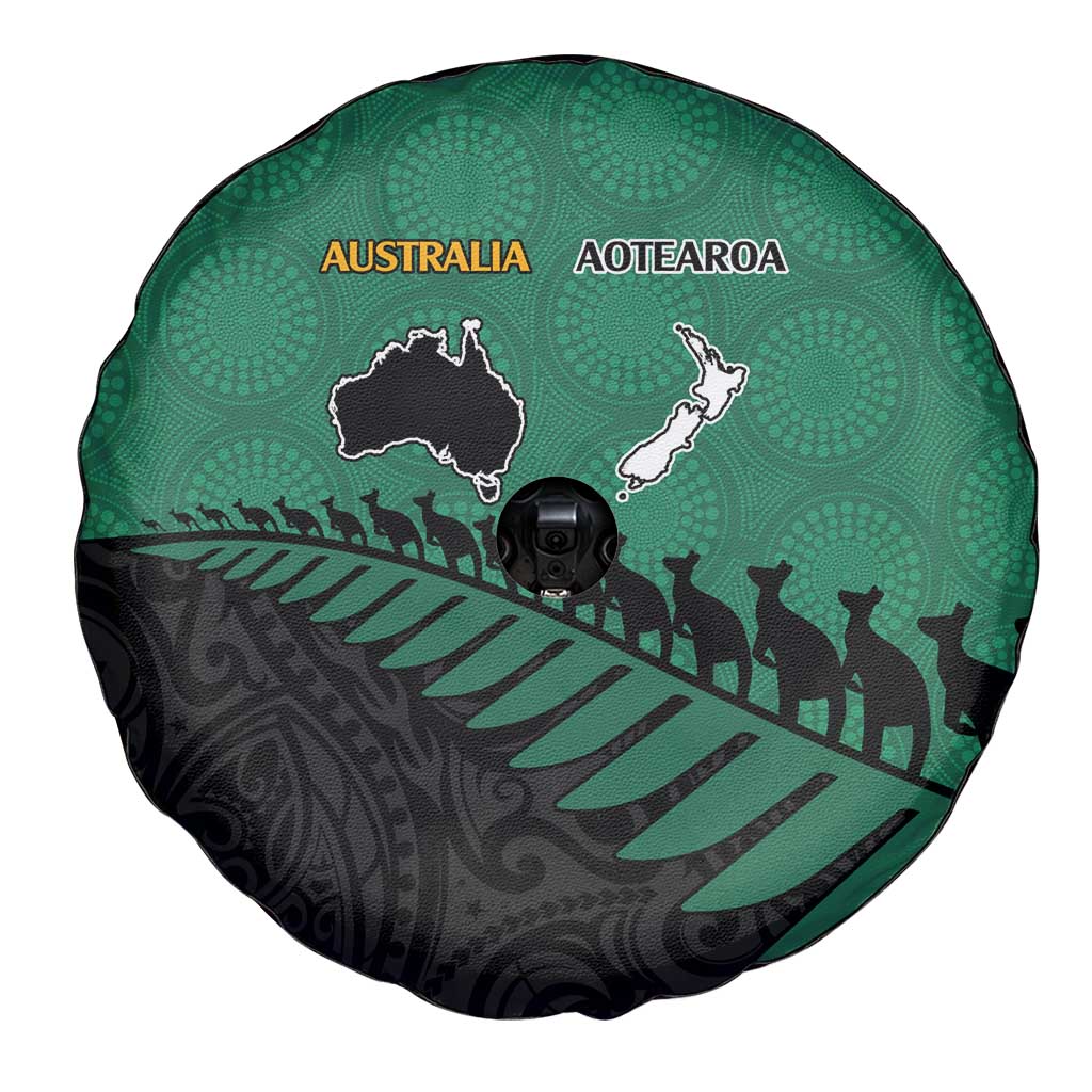 Australia New Zealand Rugby Spare Tire Cover Green Aboriginal Wallabies and Maori Black Fern - Aussie Hoodie