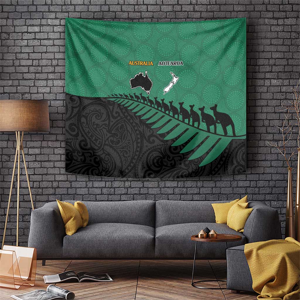 Australia New Zealand Rugby Tapestry Green Aboriginal Wallabies and Maori Black Fern - Aussie Hoodie