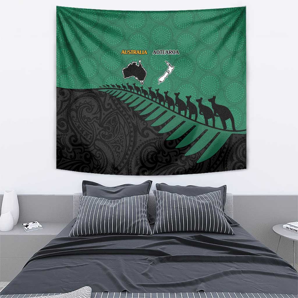 Australia New Zealand Rugby Tapestry Green Aboriginal Wallabies and Maori Black Fern - Aussie Hoodie