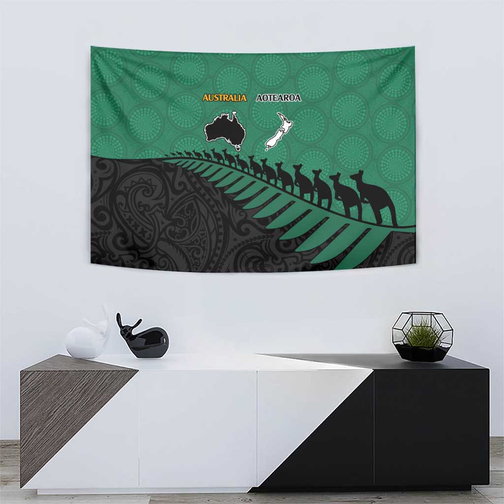 Australia New Zealand Rugby Tapestry Green Aboriginal Wallabies and Maori Black Fern - Aussie Hoodie