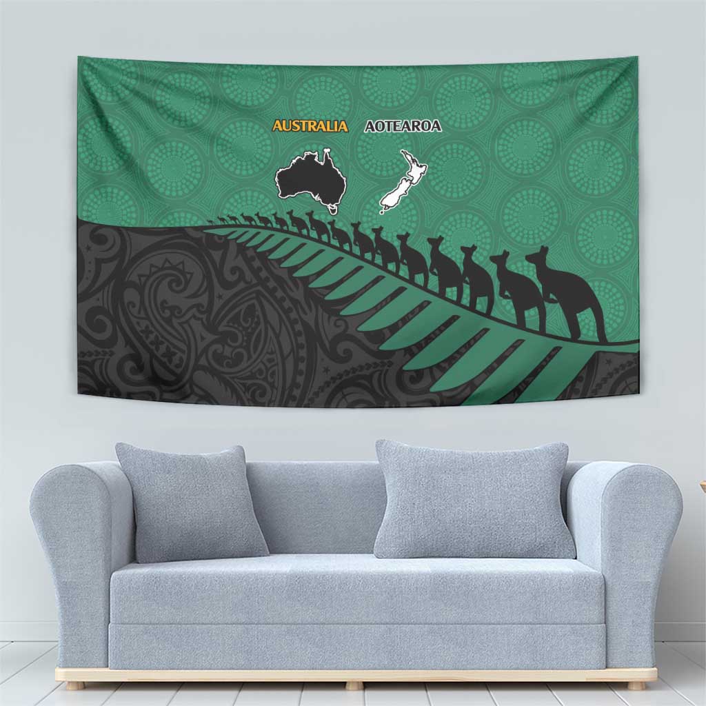 Australia New Zealand Rugby Tapestry Green Aboriginal Wallabies and Maori Black Fern - Aussie Hoodie