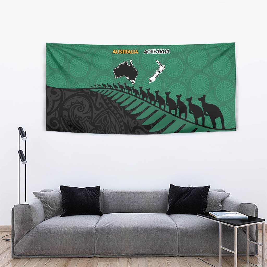 Australia New Zealand Rugby Tapestry Green Aboriginal Wallabies and Maori Black Fern - Aussie Hoodie