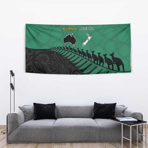 Australia New Zealand Rugby Tapestry Green Aboriginal Wallabies and Maori Black Fern - Aussie Hoodie