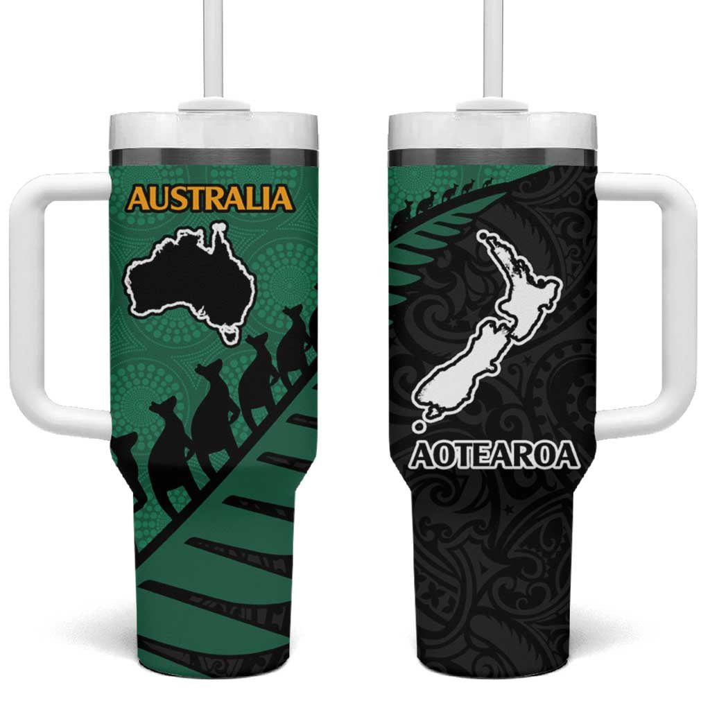 Australia New Zealand Rugby Tumbler With Handle Green Aboriginal Wallabies and Maori Black Fern - Aussie Hoodie