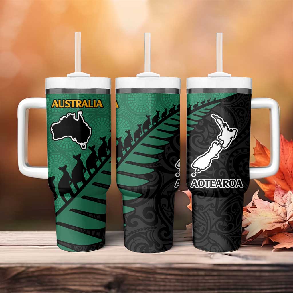 Australia New Zealand Rugby Tumbler With Handle Green Aboriginal Wallabies and Maori Black Fern - Aussie Hoodie