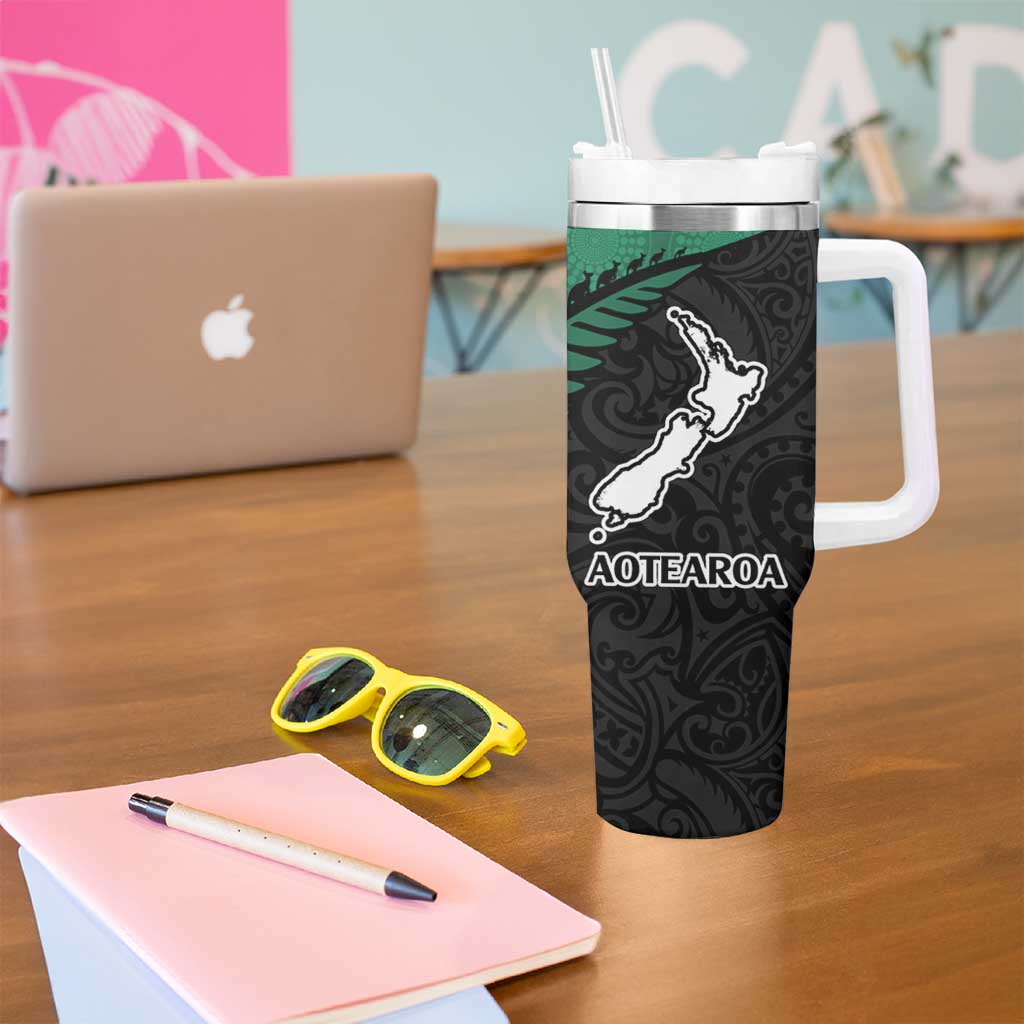 Australia New Zealand Rugby Tumbler With Handle Green Aboriginal Wallabies and Maori Black Fern - Aussie Hoodie