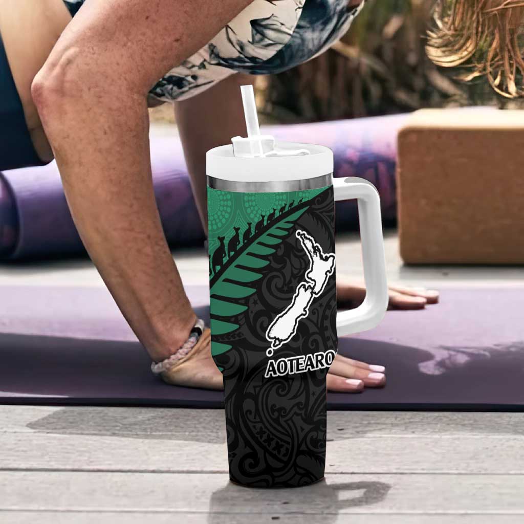 Australia New Zealand Rugby Tumbler With Handle Green Aboriginal Wallabies and Maori Black Fern - Aussie Hoodie