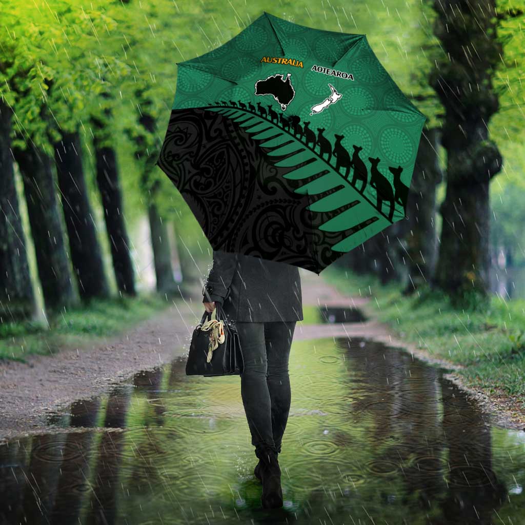 Australia New Zealand Rugby Umbrella Green Aboriginal Wallabies and Maori Black Fern - Aussie Hoodie