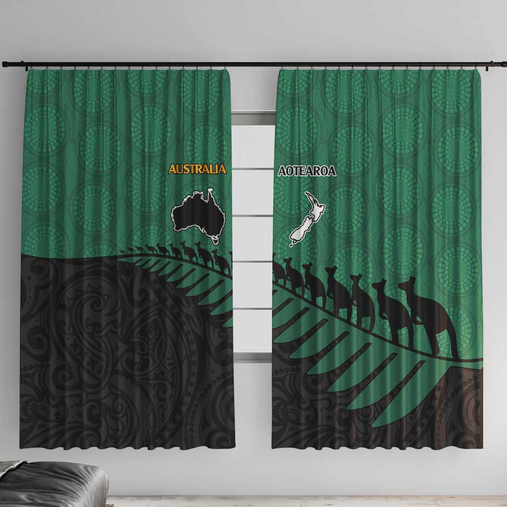 Australia New Zealand Rugby Window Curtain Green Aboriginal Wallabies and Maori Black Fern - Aussie Hoodie