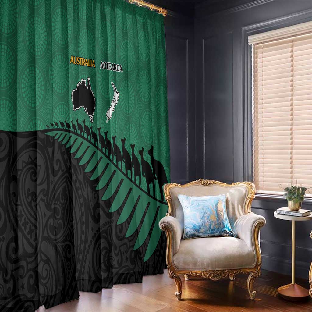 Australia New Zealand Rugby Window Curtain Green Aboriginal Wallabies and Maori Black Fern - Aussie Hoodie