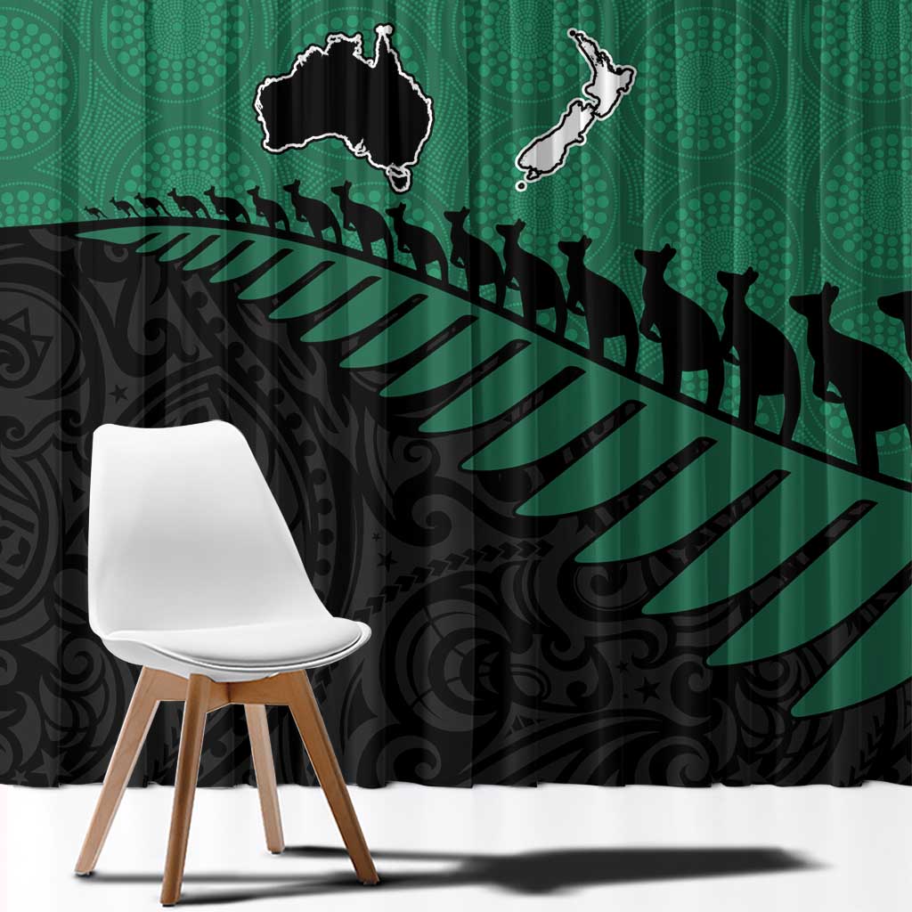 Australia New Zealand Rugby Window Curtain Green Aboriginal Wallabies and Maori Black Fern - Aussie Hoodie