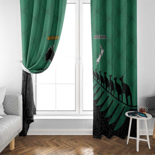 Australia New Zealand Rugby Window Curtain Green Aboriginal Wallabies and Maori Black Fern - Aussie Hoodie