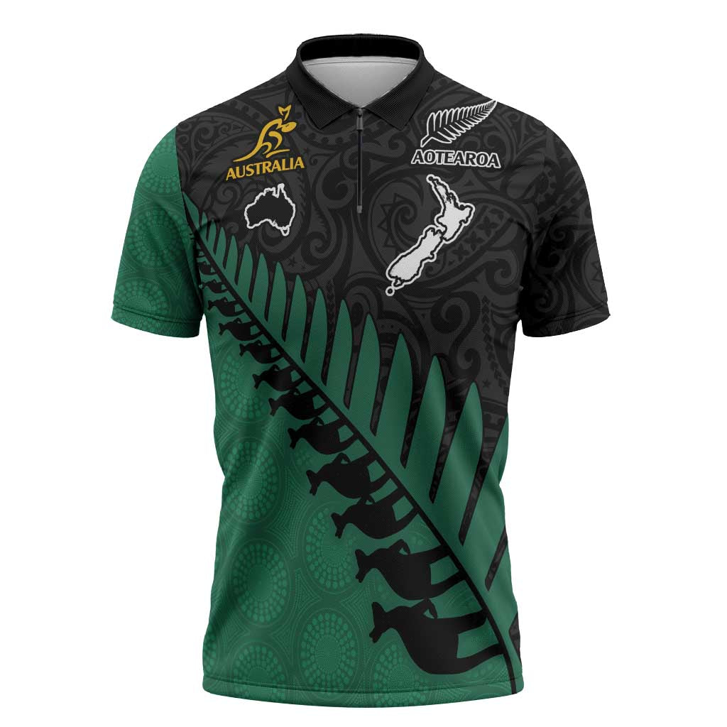Australia New Zealand Rugby Zipper Polo Shirt Green Aboriginal Wallabies and Maori Black Fern - Aussie Hoodie